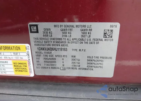 2017 Chevrolet Traverse Premier z USA, uszkodzony, nr VIN 1GNKVJKD6HJ118163